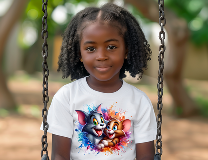 Cute Cartoon Cat and Mouse T-Shirt | Kids Graphic Tee | Fun Color Splash Design | Toddler & Youth Sizes
